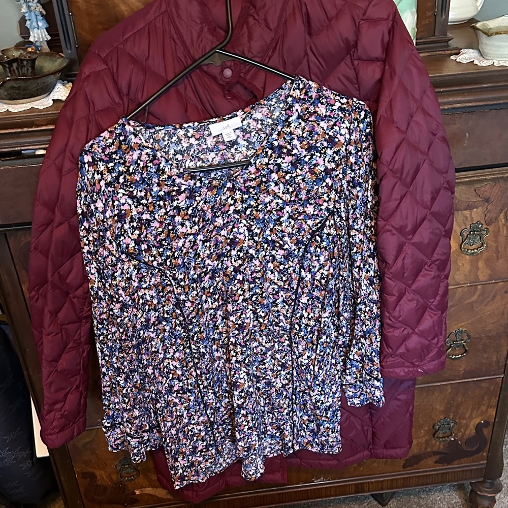 J. Jill Multicolor Floral Blouse with Burgundy Jacket